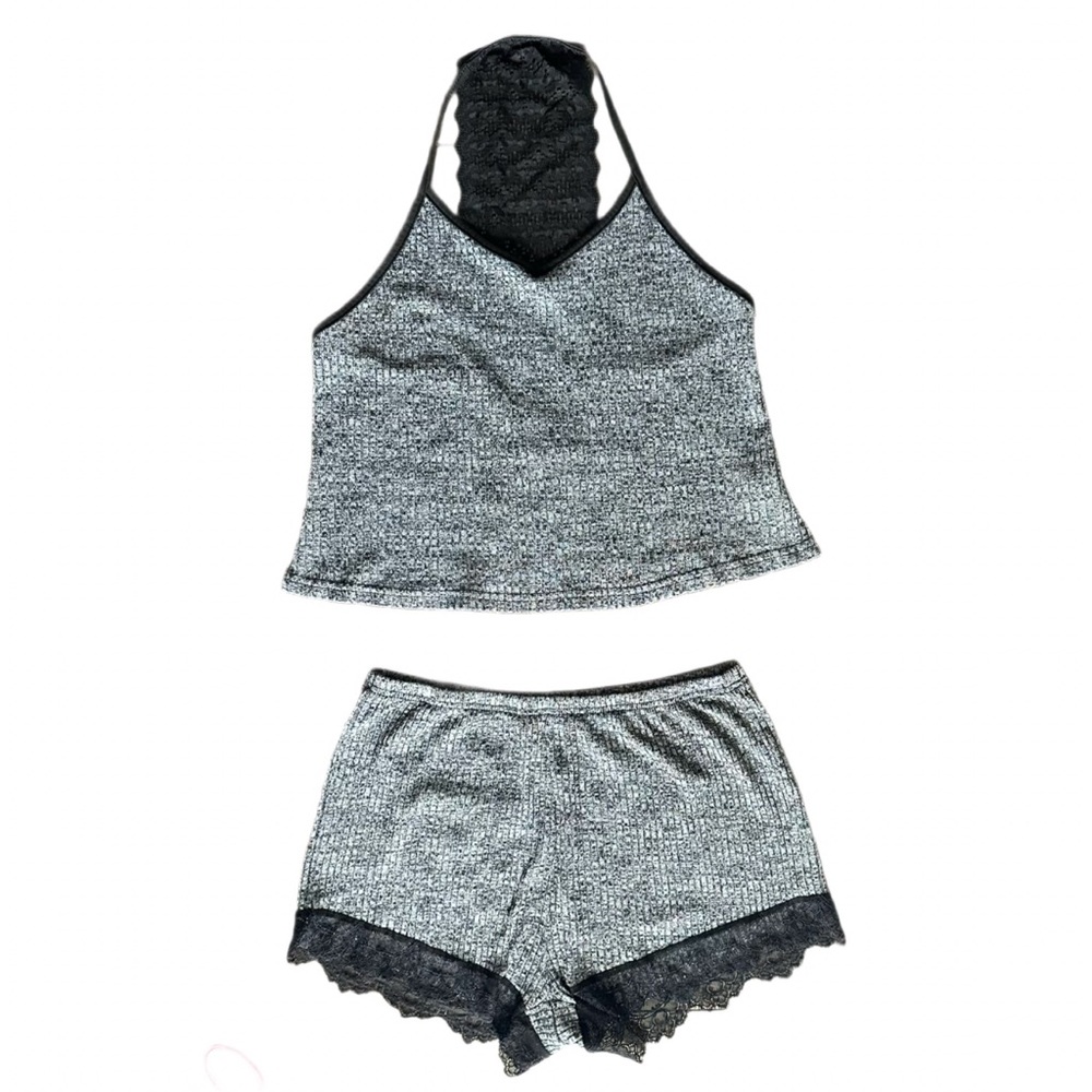 Women’s Gray and Black Lace Trim Pajama Set Size L
